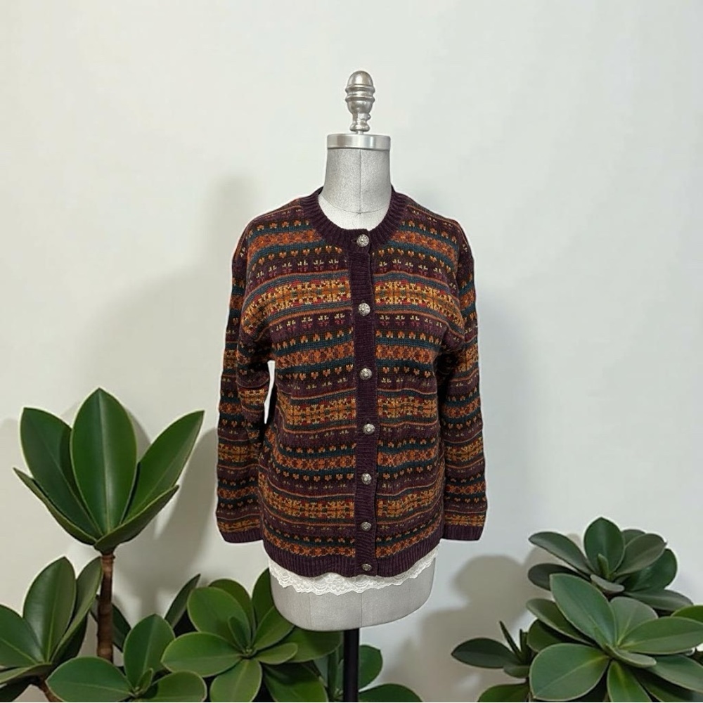 Gallagher Purple Multi Wool Blend Long Sleeve Button Sweater Size M